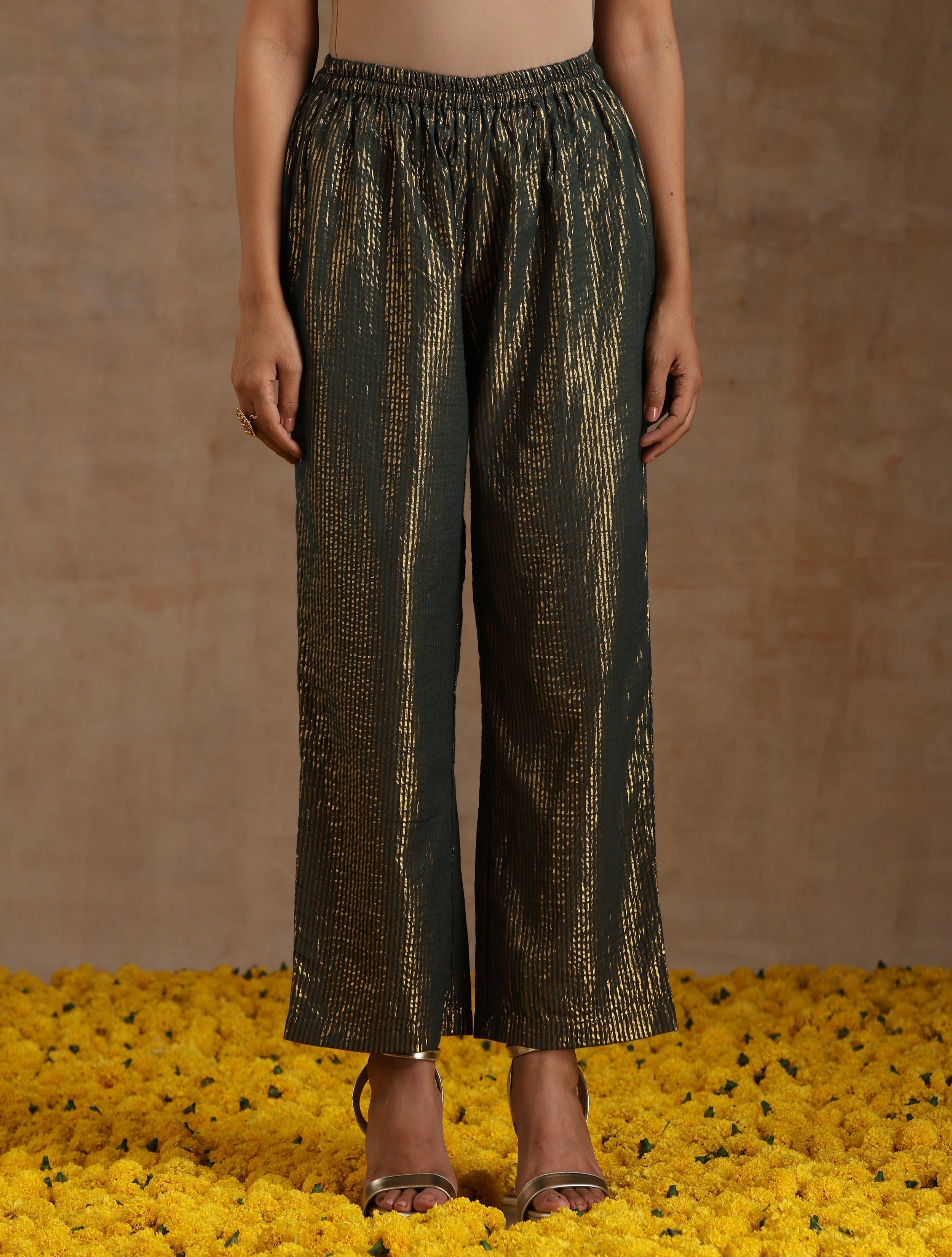 trueBrowns Dark Green Gold Cotton Side Gather Co-Ord Set | Grocsy