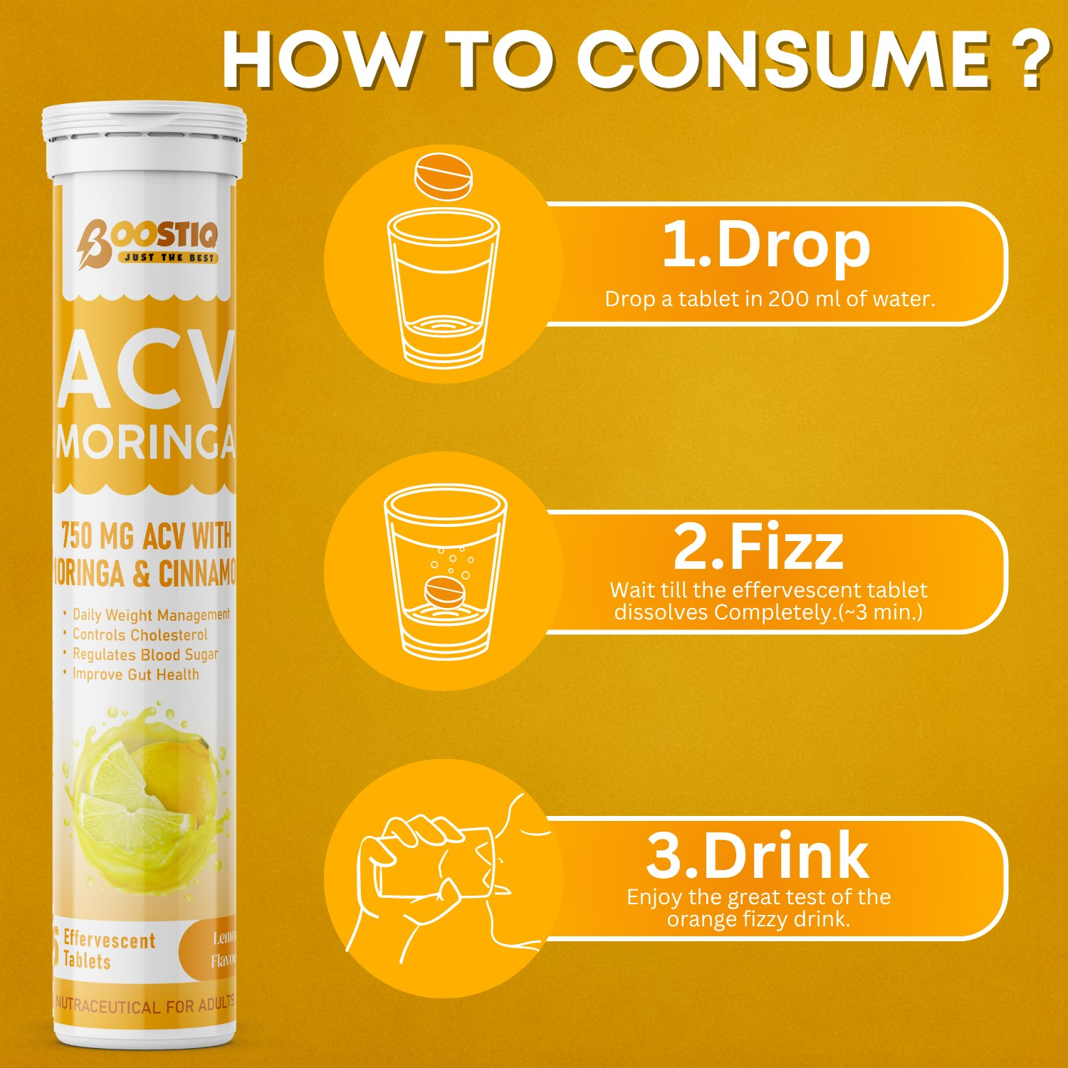 BOOSTIQ ACV Moringa & Cinnamon Effervescent Tablets - Lemon Flavour | Grocsy