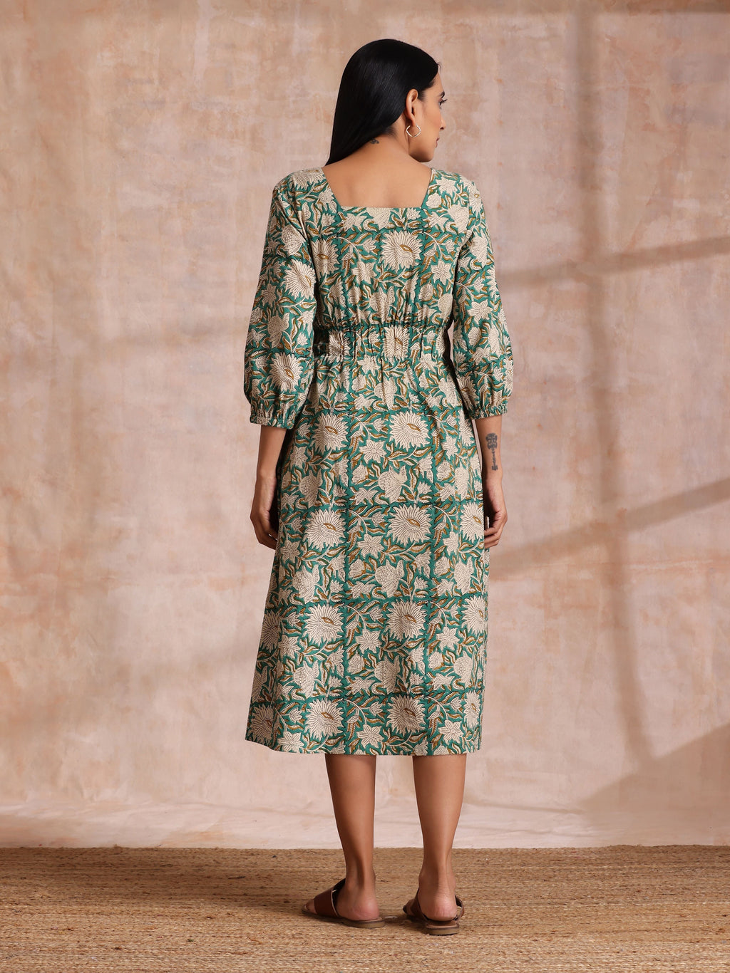 trueBrowns Fern Green Overall Floral Block Print Cotton Square Neck Dress | Grocsy