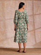trueBrowns Fern Green Overall Floral Block Print Cotton Square Neck Dress | Grocsy