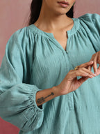 trueBrowns Aqua Blue Cotton Dobby Dress | Grocsy