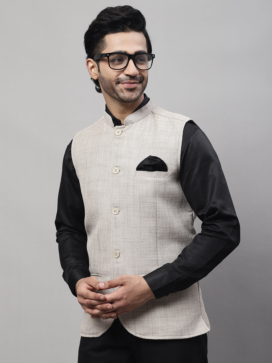 Even Apparels Men's Beige Nehru Jacket With Welt Pockets | Grocsy