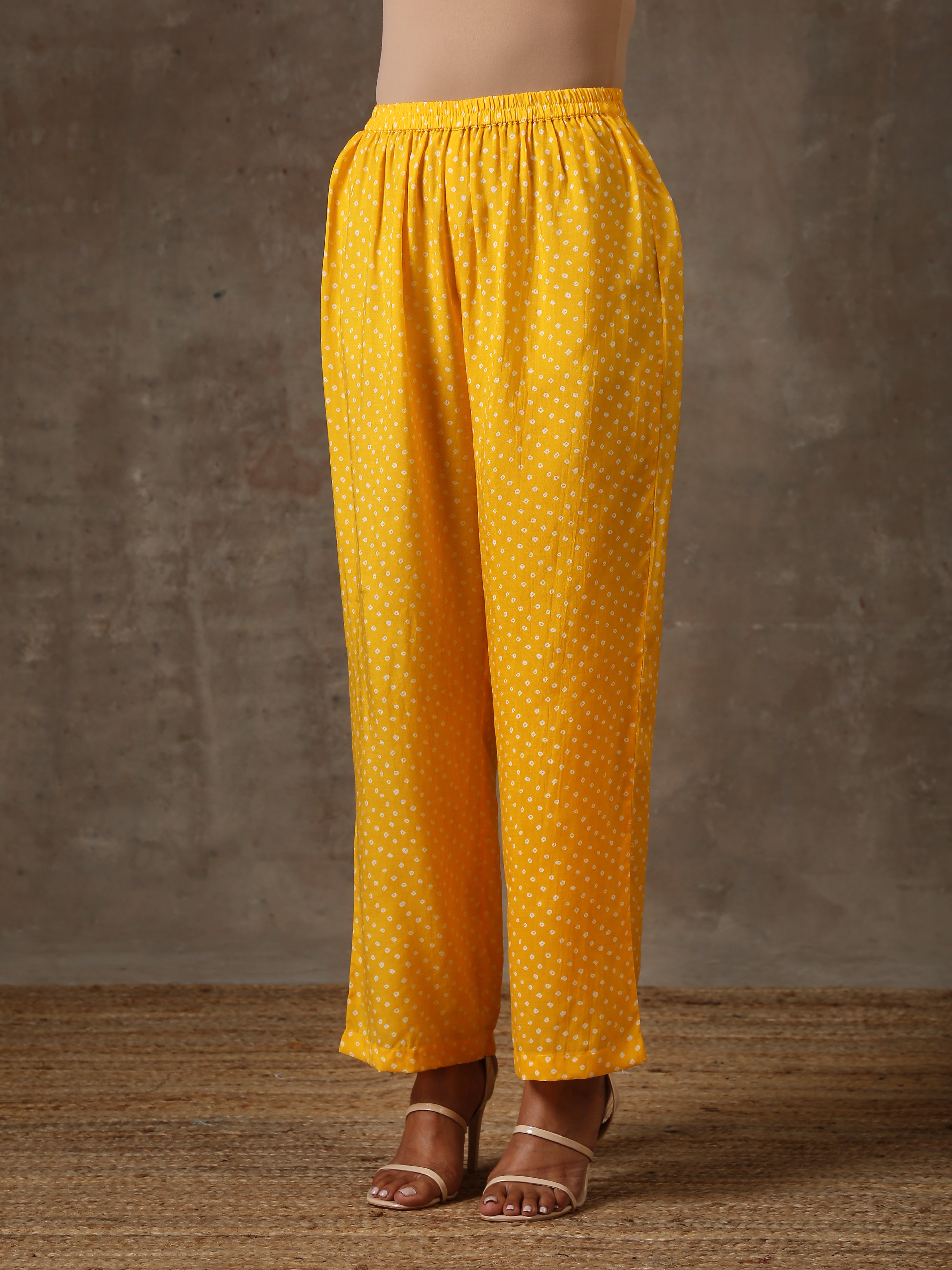 trueBrowns Yellow Bandhani Flare Printed Silk Co-Ord Set | Grocsy