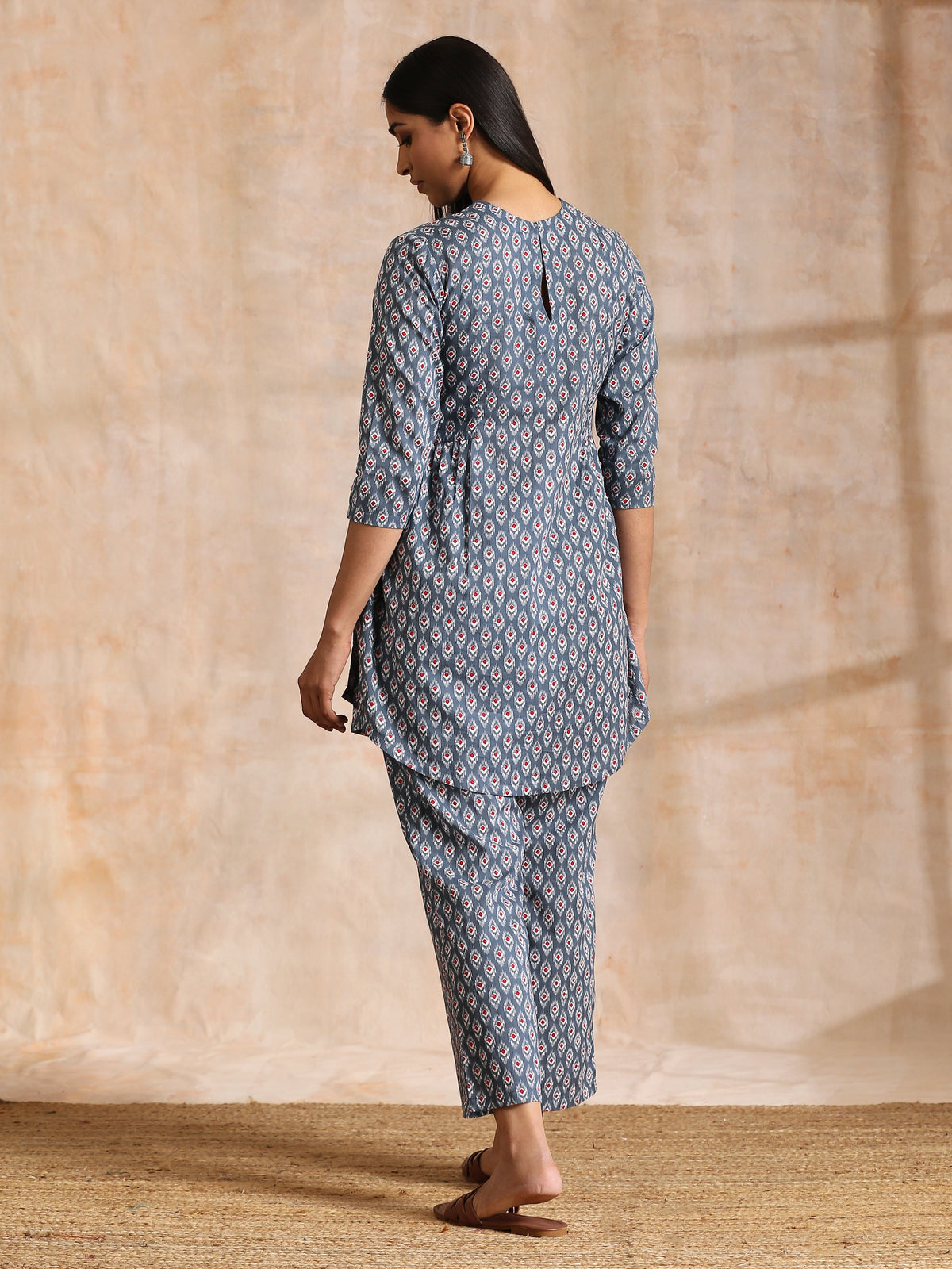 trueBrowns Steel Grey Ikat Print Cotton Gathers Co-Ord Set | Grocsy