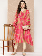 Ahalyaa Women Printed Flared Sleeves Gotta Patti Belted Detail Crepe Kaftan Kurta | Grocsy