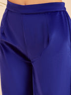 InWeave Women's Royal Blue V Neck Asymmetrical Pleated Velvet Kurta Set | Grocsy