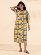 trueBrowns Yellow Cotton Ikat Slit Dress | Grocsy