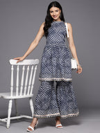 KSUT (House of Varanga) Blue And White Leheriya Halter Neckline Gota Work Kurta With Sharara | Grocsy