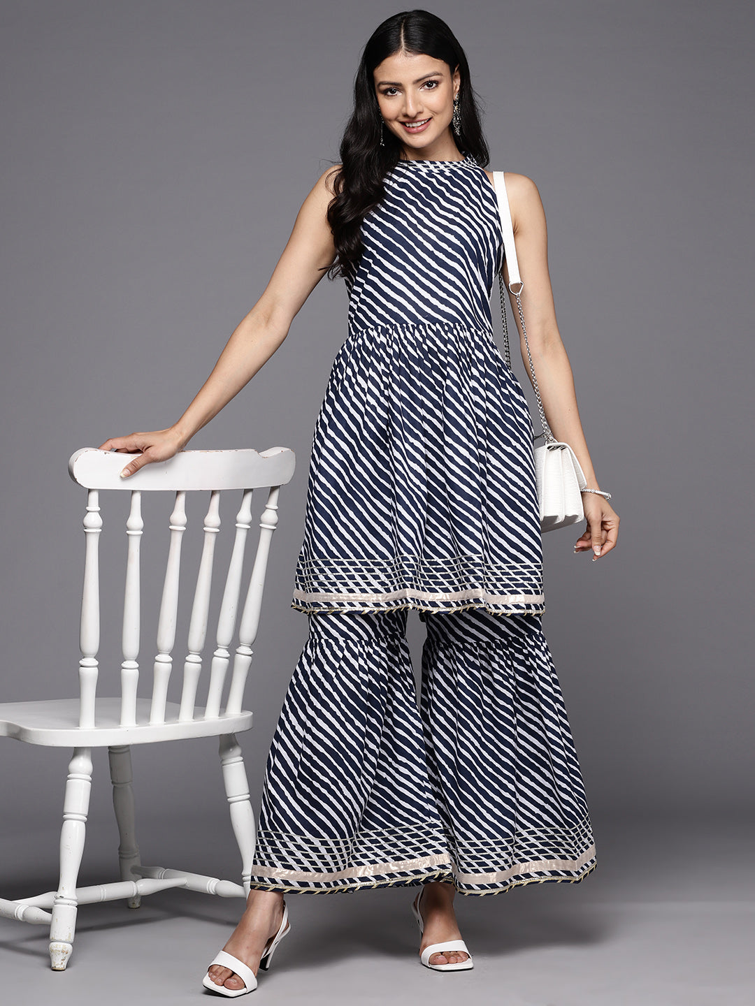 KSUT (House of Varanga) Blue And White Leheriya Halter Neckline Gota Work Kurta With Sharara | Grocsy