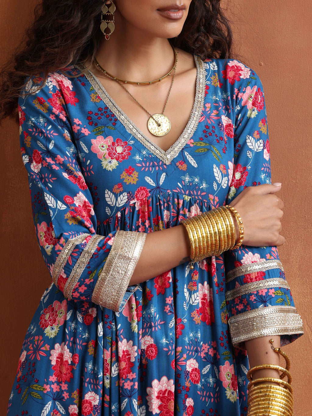 trueBrowns Blue Print Flared Anarkali Kurta Set | Grocsy
