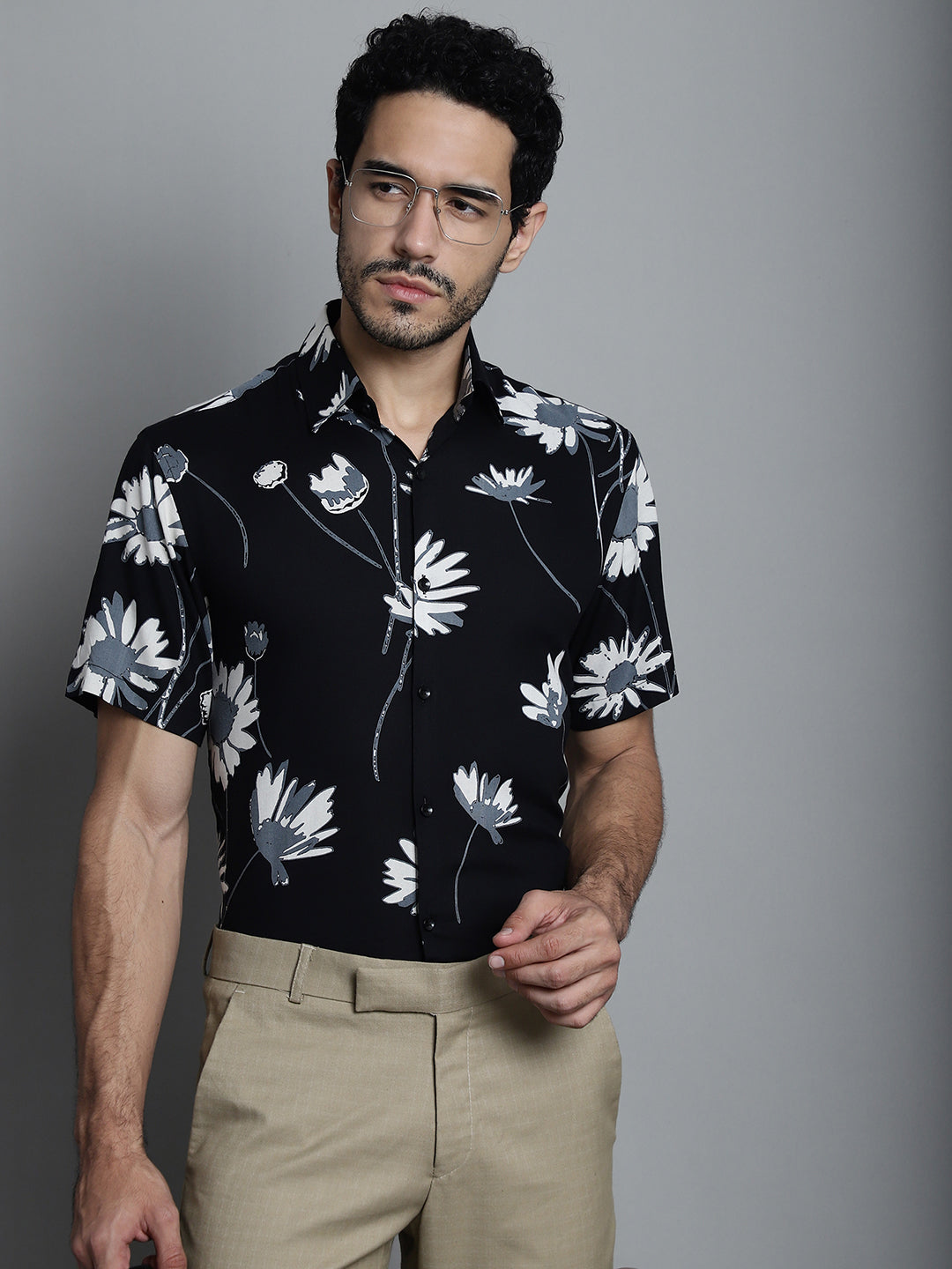 Jainish Men's Floral Printed Formal Shirts - Black | Grocsy