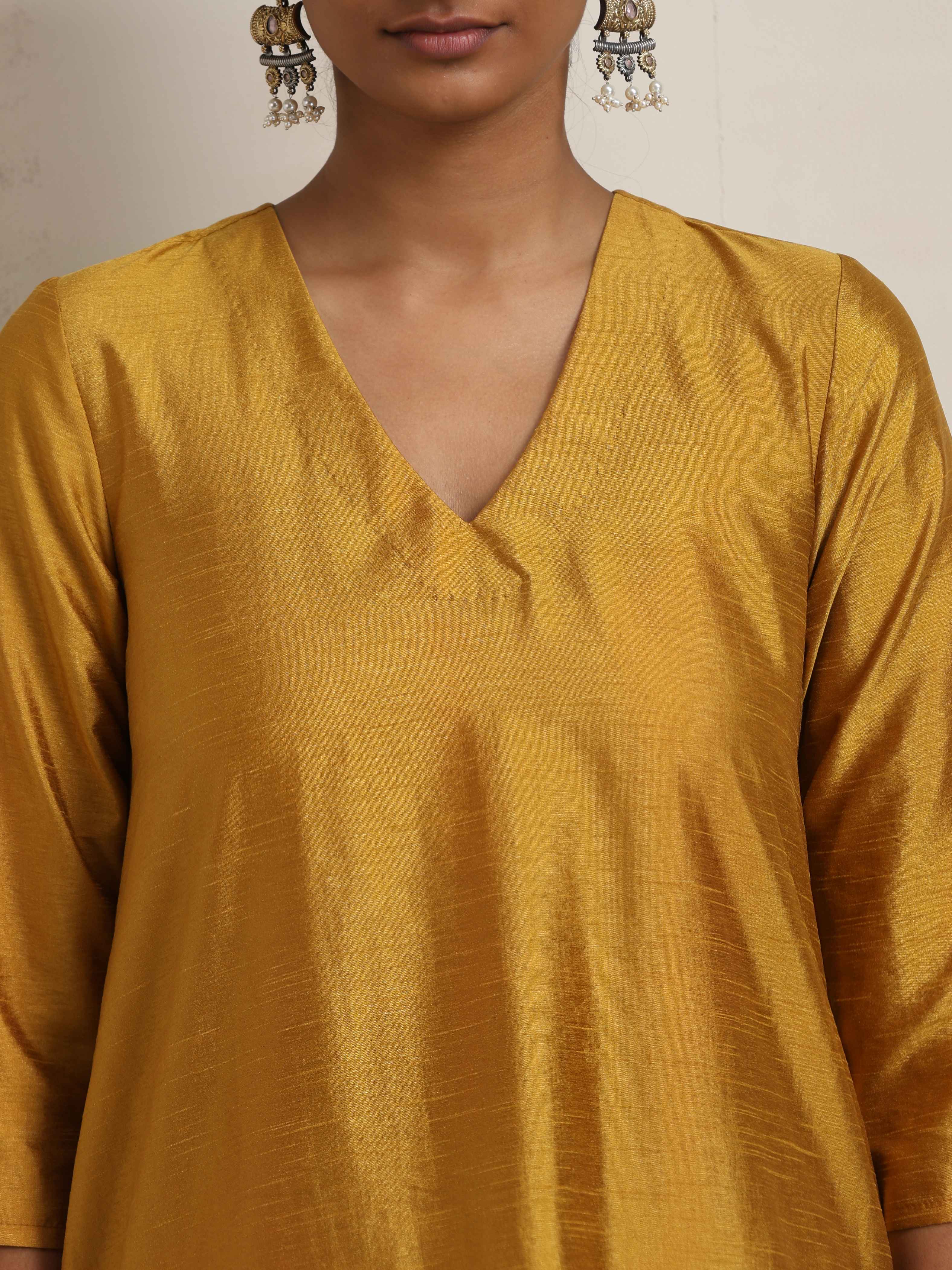 trueBrowns Gold Orange Silk A-line Kurta Set | Grocsy