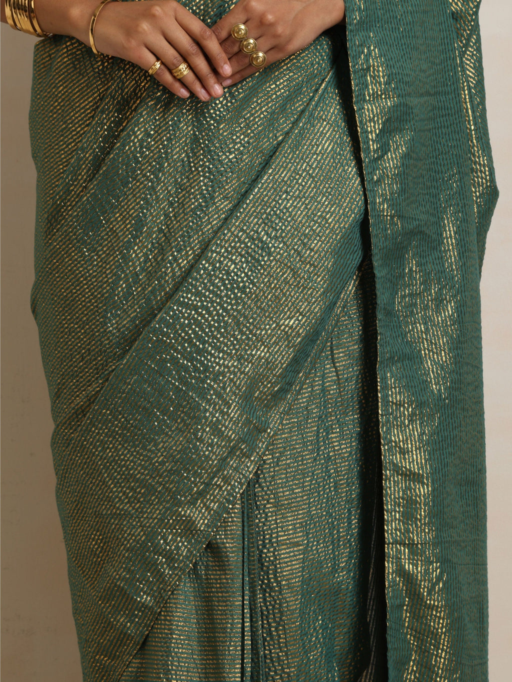 trueBrowns Dark Green Gold Lurex Ready To Wear Saree | Grocsy
