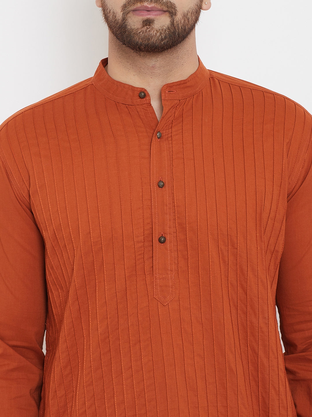 Even Apparels Rust Pure Cotton Kurta With Band Collar | Grocsy