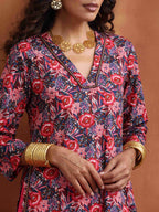 trueBrowns Pink Print High Slit Kurta Set | Grocsy