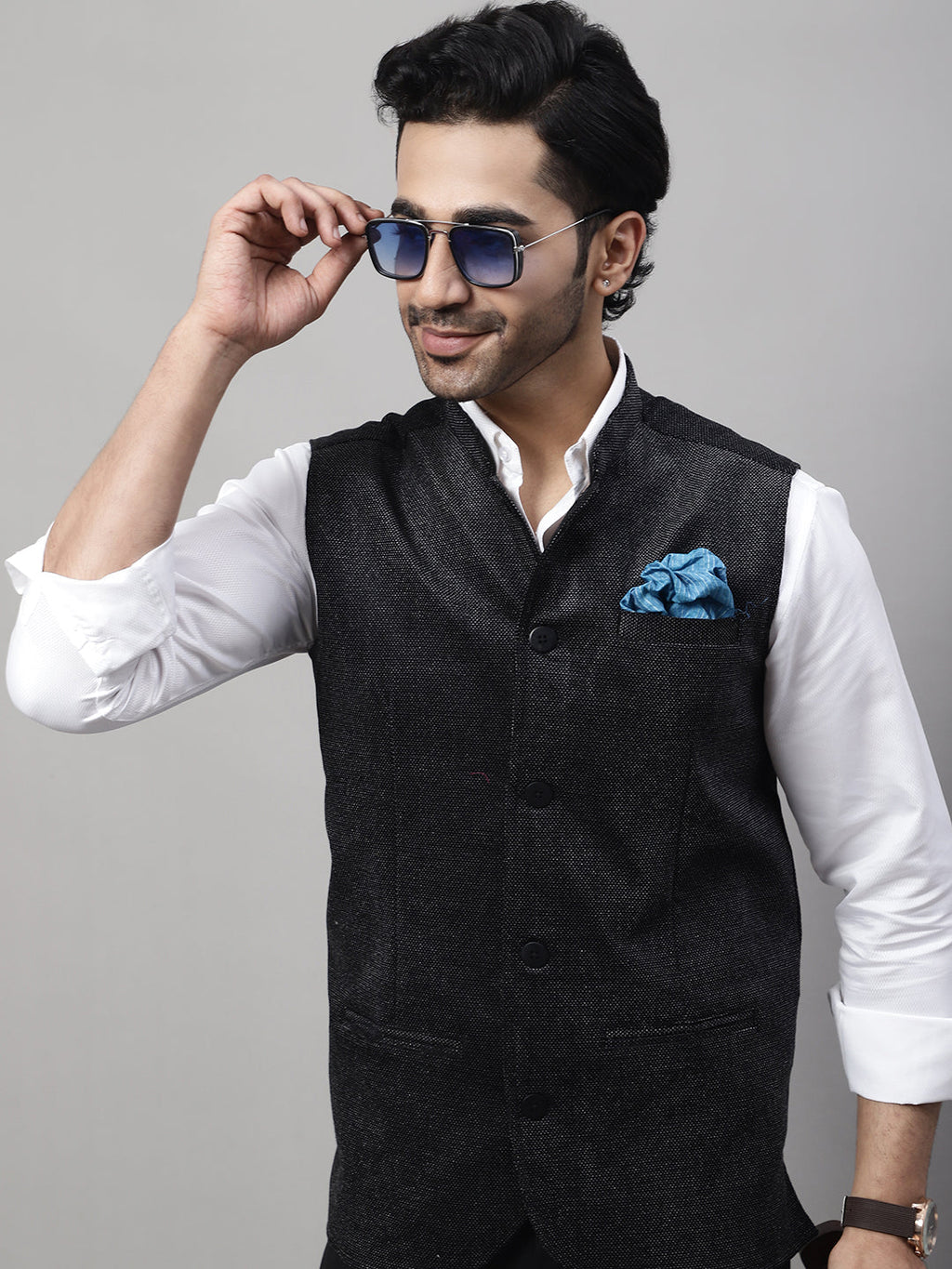 Even Apparels Men's Black Nehru Jacket With Welt Pockets | Grocsy