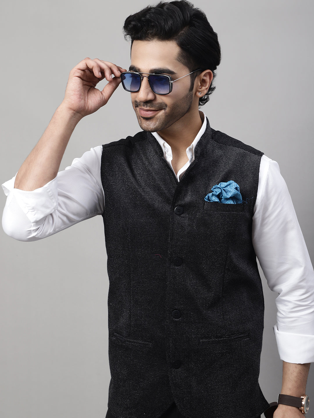 Even Apparels Men's Black Nehru Jacket With Welt Pockets | Grocsy