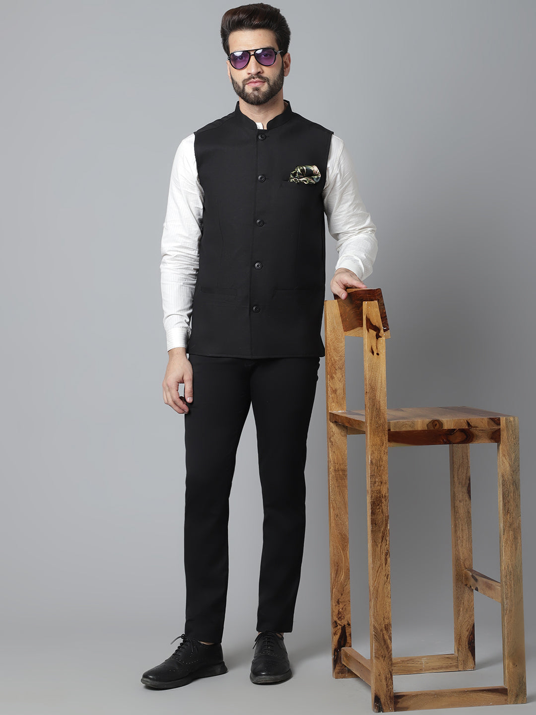 Even Apparels Men's Black Nehru Jacket With Welt Pockets | Grocsy