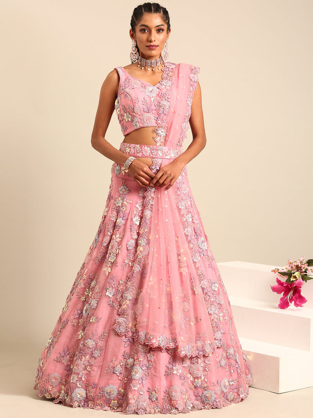 House of Panchhi PINK Net Sequins with heavy Zarkan embroidery Lehenga choli & Dupatta | Grocsy