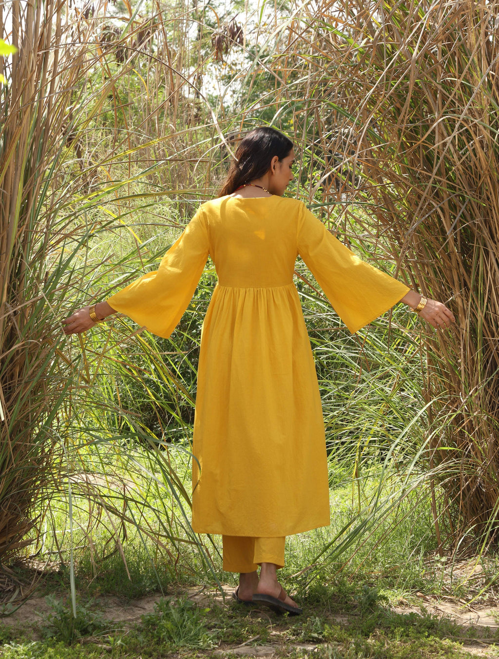 trueBrowns Mustard Cotton Embroidered Flared Kurta Set | Grocsy