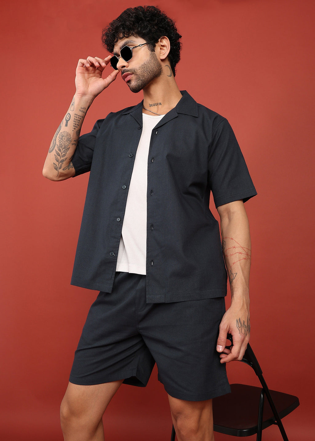 Fabmade Midnight Black Cuban Collar Co-Ord Set | Grocsy