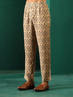 trueBrowns Men's Beige Geometric Muslin Silk Printed Co-ord Set | Grocsy