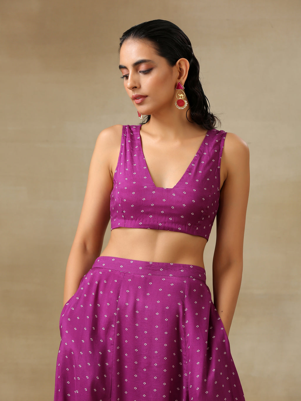 trueBrowns Purple Bandhani Printed Silk Top Skirt Jacket Set | Grocsy