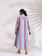 trueBrowns Blue Cotton Stripe Flared Shirt Dress | Grocsy