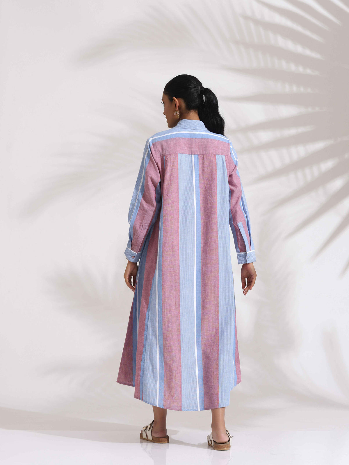 trueBrowns Blue Cotton Stripe Flared Shirt Dress | Grocsy
