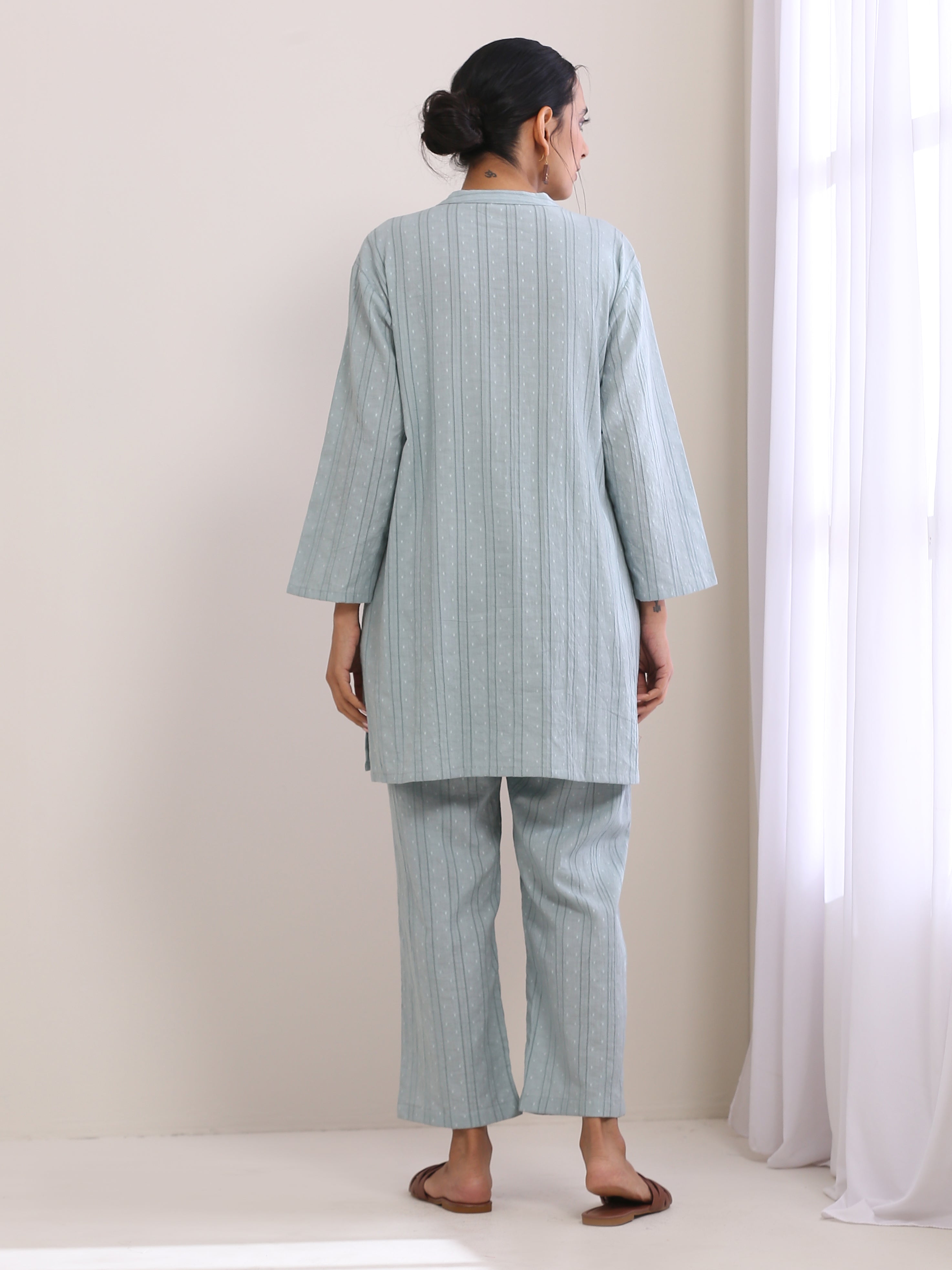 trueBrowns Eggshell Blue Dobby Relaxed Fit Co-Ord Set | Grocsy