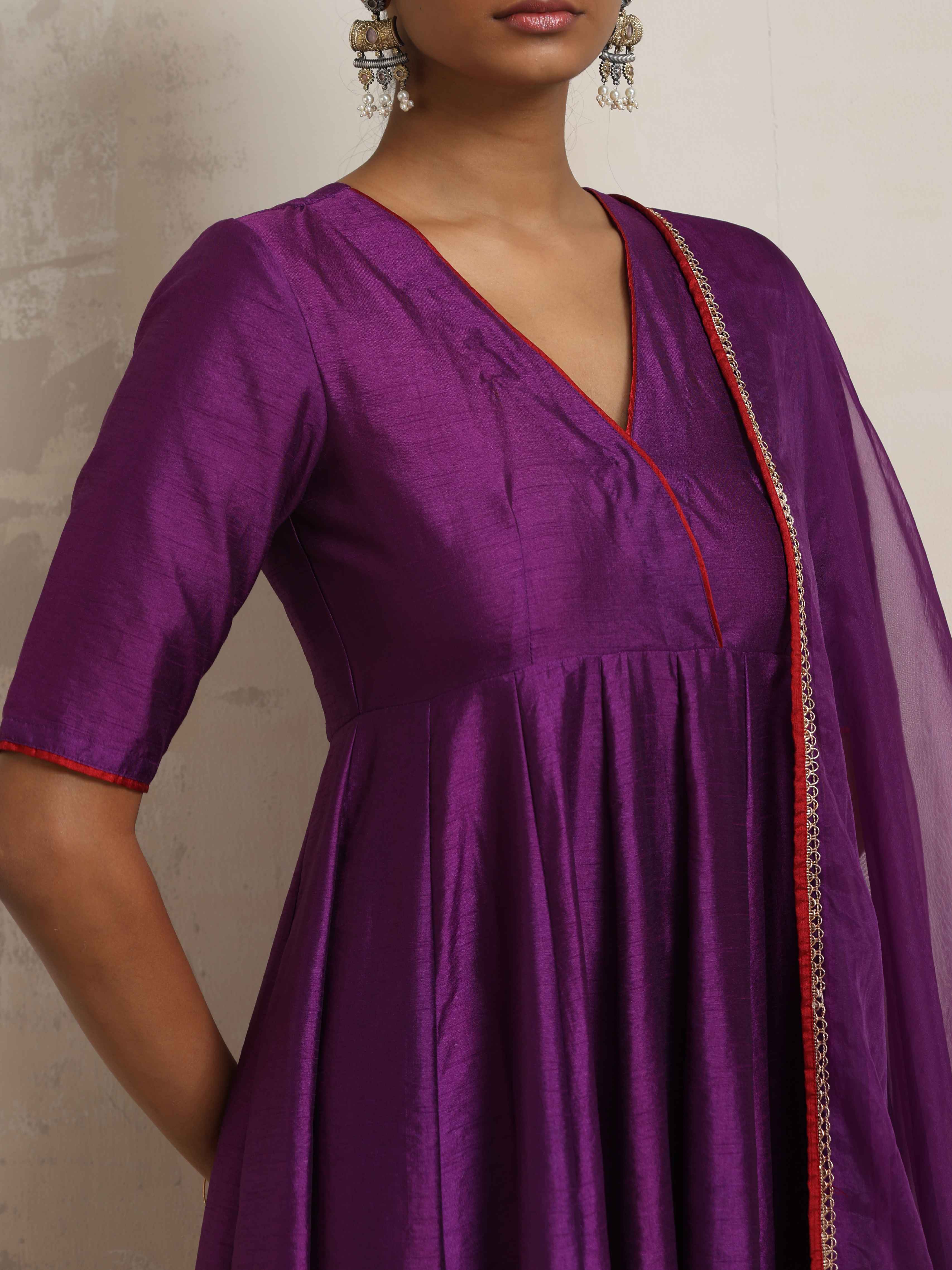 trueBrowns Purple Silk Anarkali Kurta Pant Dupatta Set | Grocsy