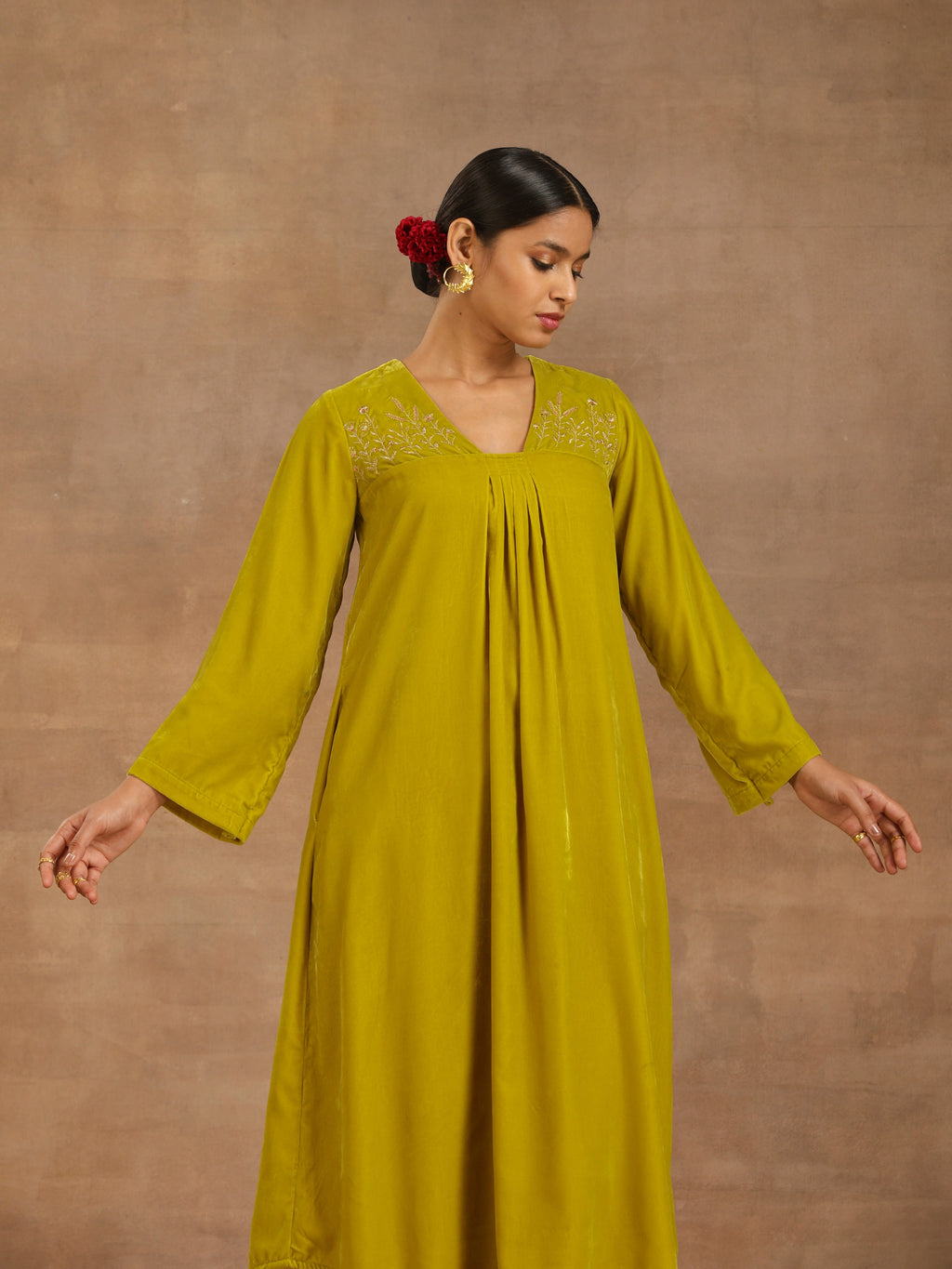 trueBrowns Lime Velvet Yoke Embroidered Kurta | Grocsy