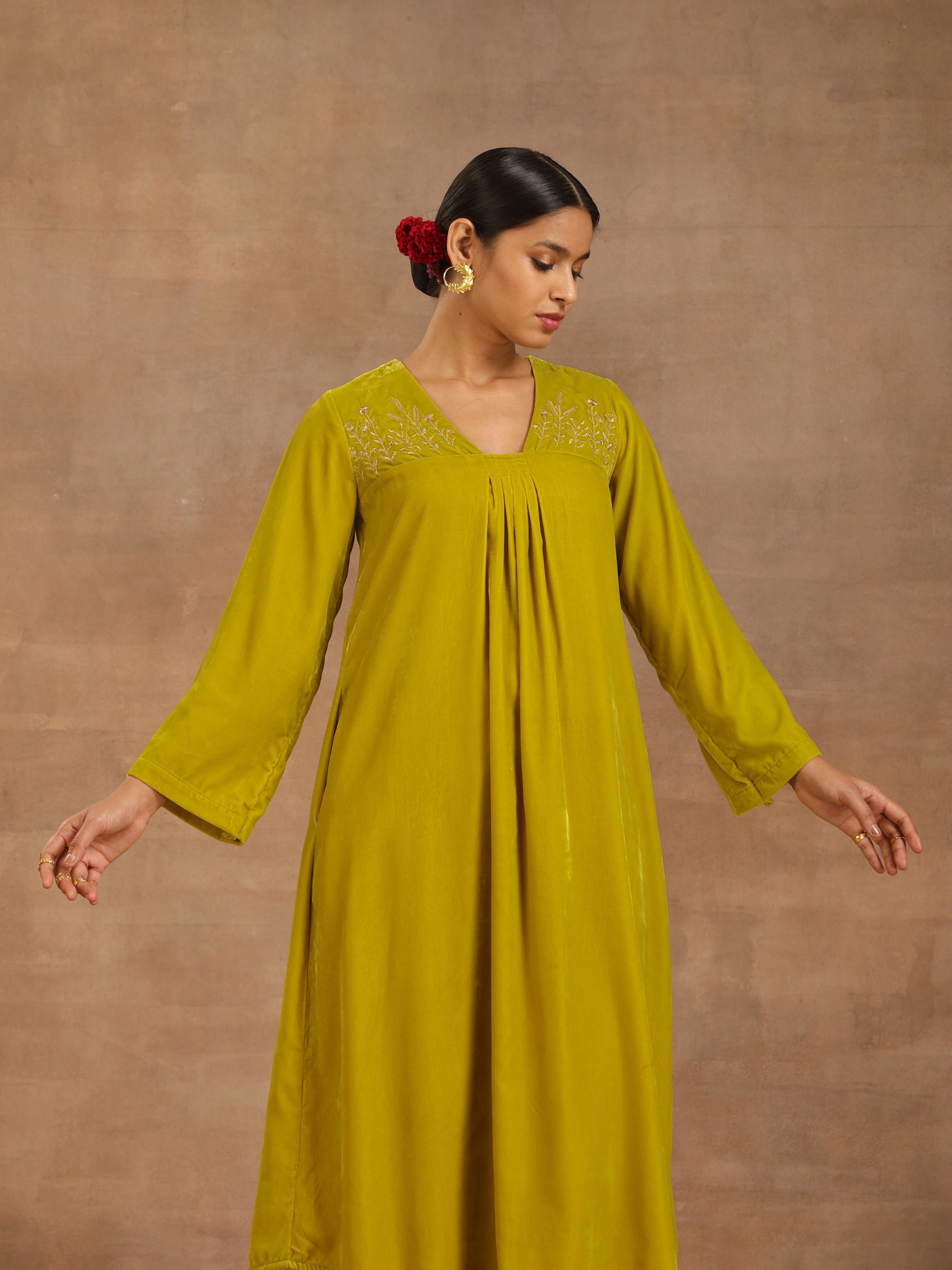 trueBrowns Lime Velvet Yoke Embroidered Kurta | Grocsy