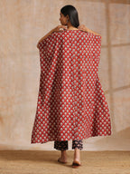 trueBrowns Rust Red Bagru Floral Print Cotton Panel Kaftan Kurta Pant Set | Grocsy