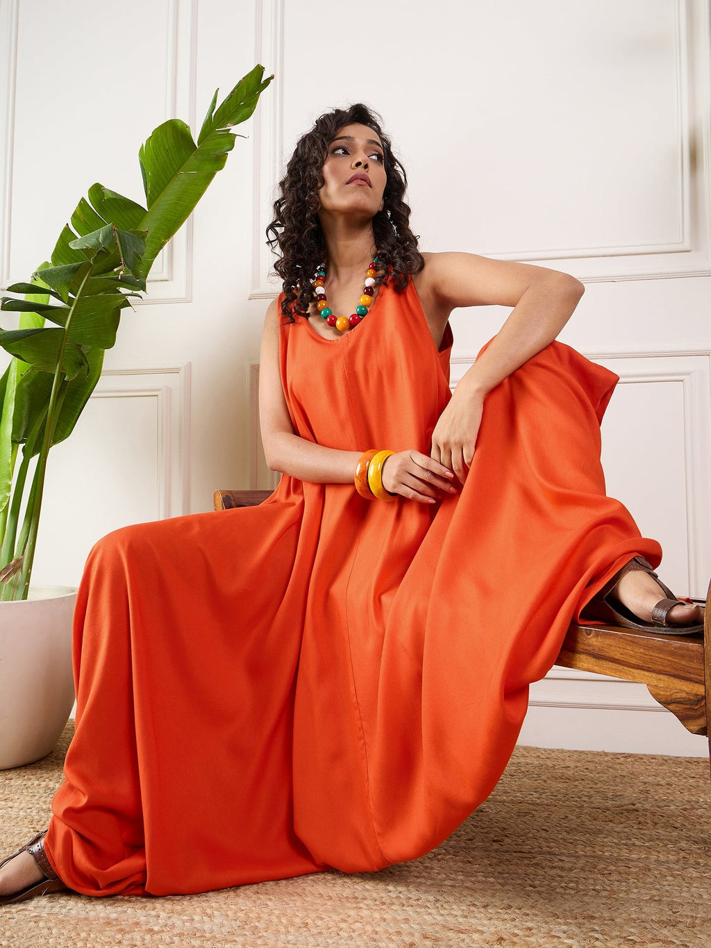 InWeave Orange Round Sleeveless Jumpsuit | Grocsy