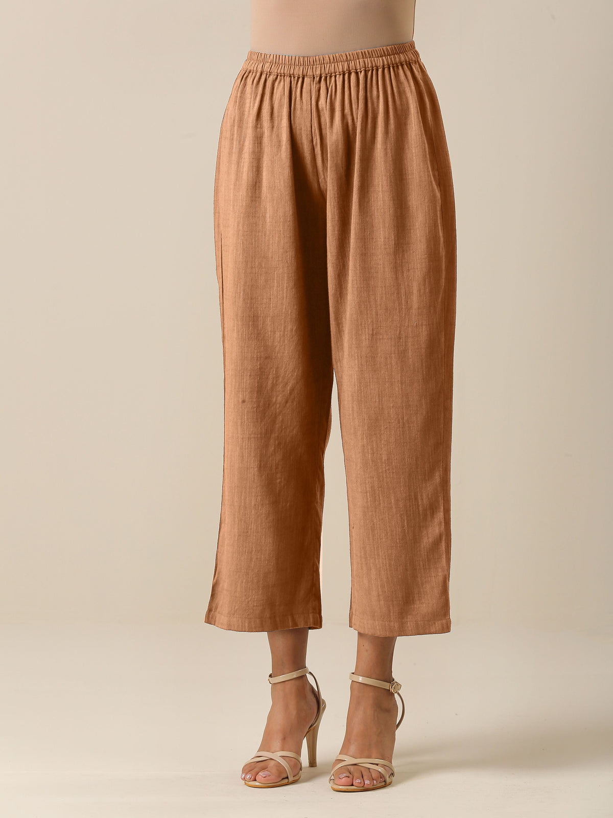 trueBrowns Beige Slub Texture Sleeveless Flared Kurta Pant Set | Grocsy