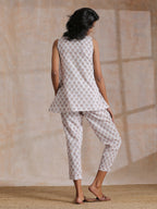 trueBrowns White With Grey Buta Block Print Cotton Sleeveless Co-Ord Set | Grocsy