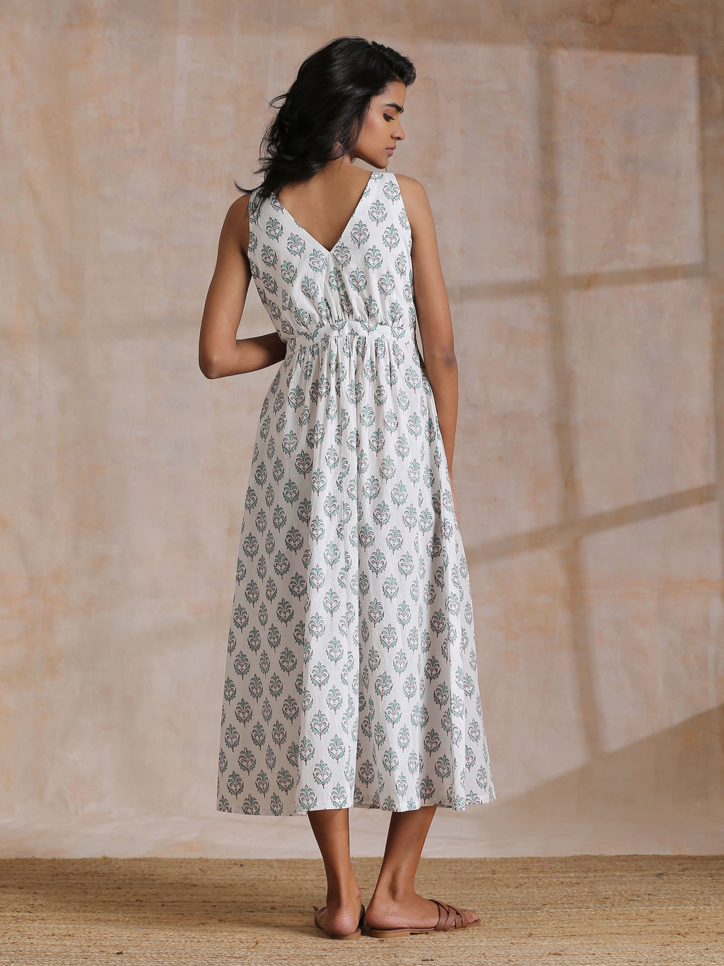 trueBrowns Green Buta On White Block Print Cotton Sleeveless Wrap Dress | Grocsy
