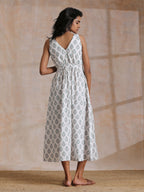 trueBrowns Green Buta On White Block Print Cotton Sleeveless Wrap Dress | Grocsy