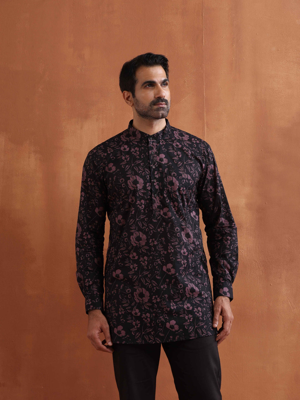 trueBrowns Men's Black Floral Printed Short Kurta | Grocsy