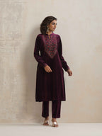 trueBrowns Purple Velvet Floral Embroidered Kurta Pant Dupatta Set | Grocsy