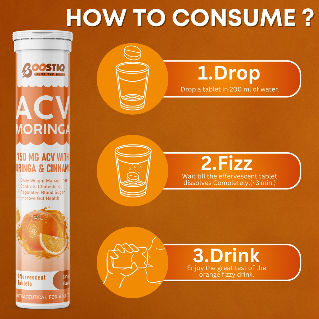 BOOSTIQ ACV Moringa & Cinnamon Effervescent Tablets - Orange Flavour | Grocsy
