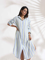 trueBrowns White Cotton Multi Stripe Shirt Dress | Grocsy