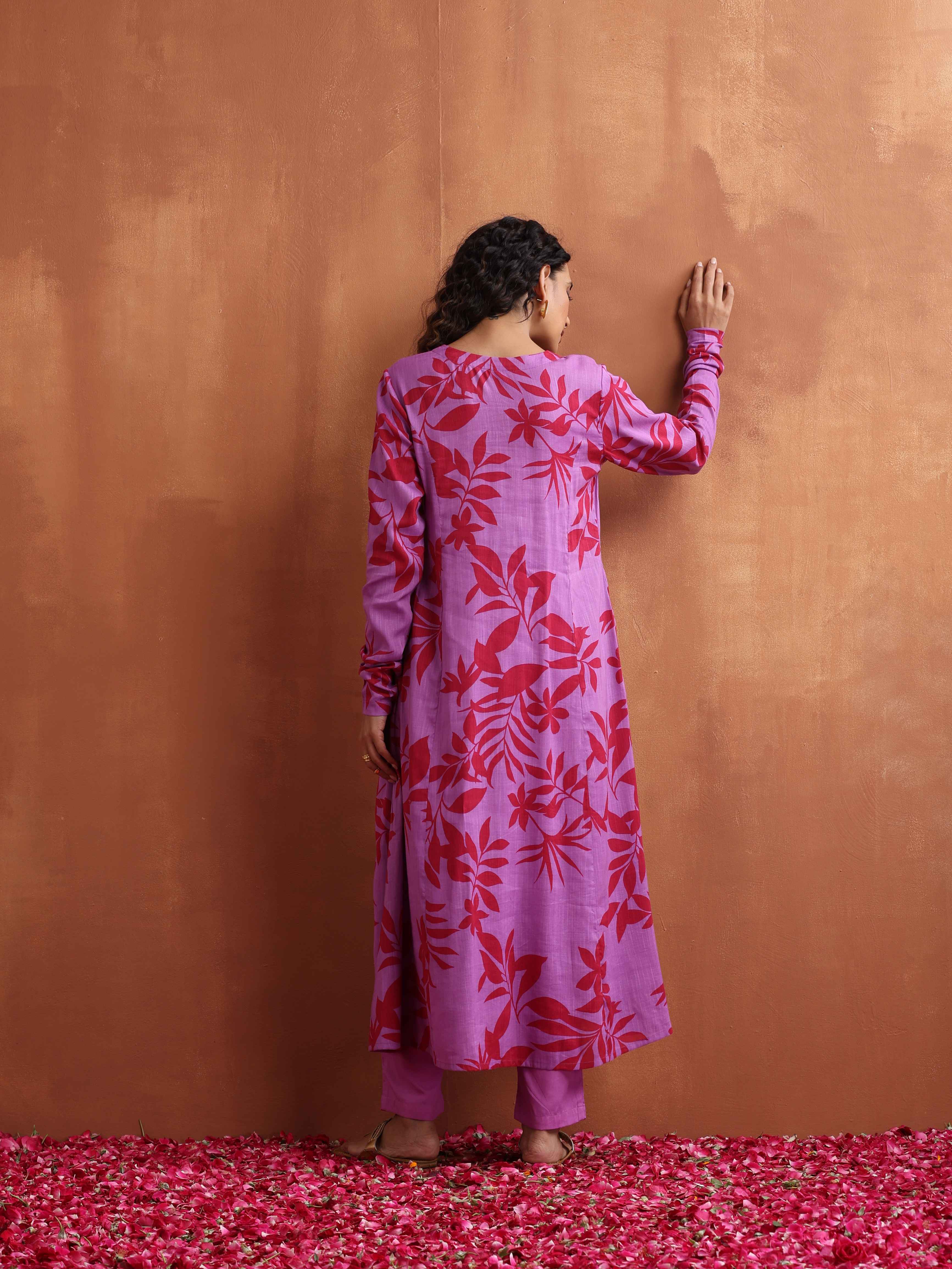 trueBrowns Purple Print A-line Kurta Set | Grocsy