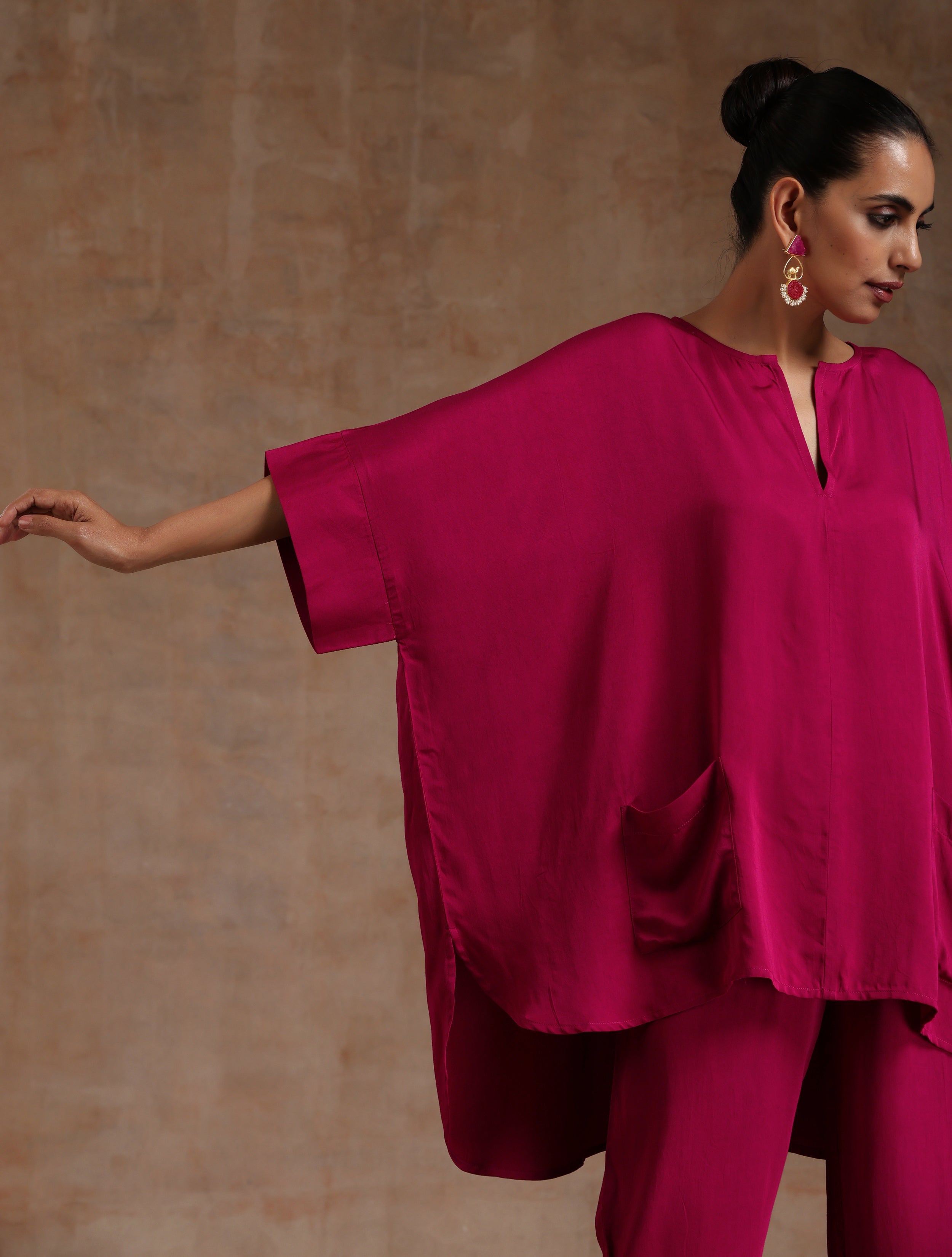 trueBrowns Pink Modal Satin Boxy Fit High-Low Co-Ord Set | Grocsy