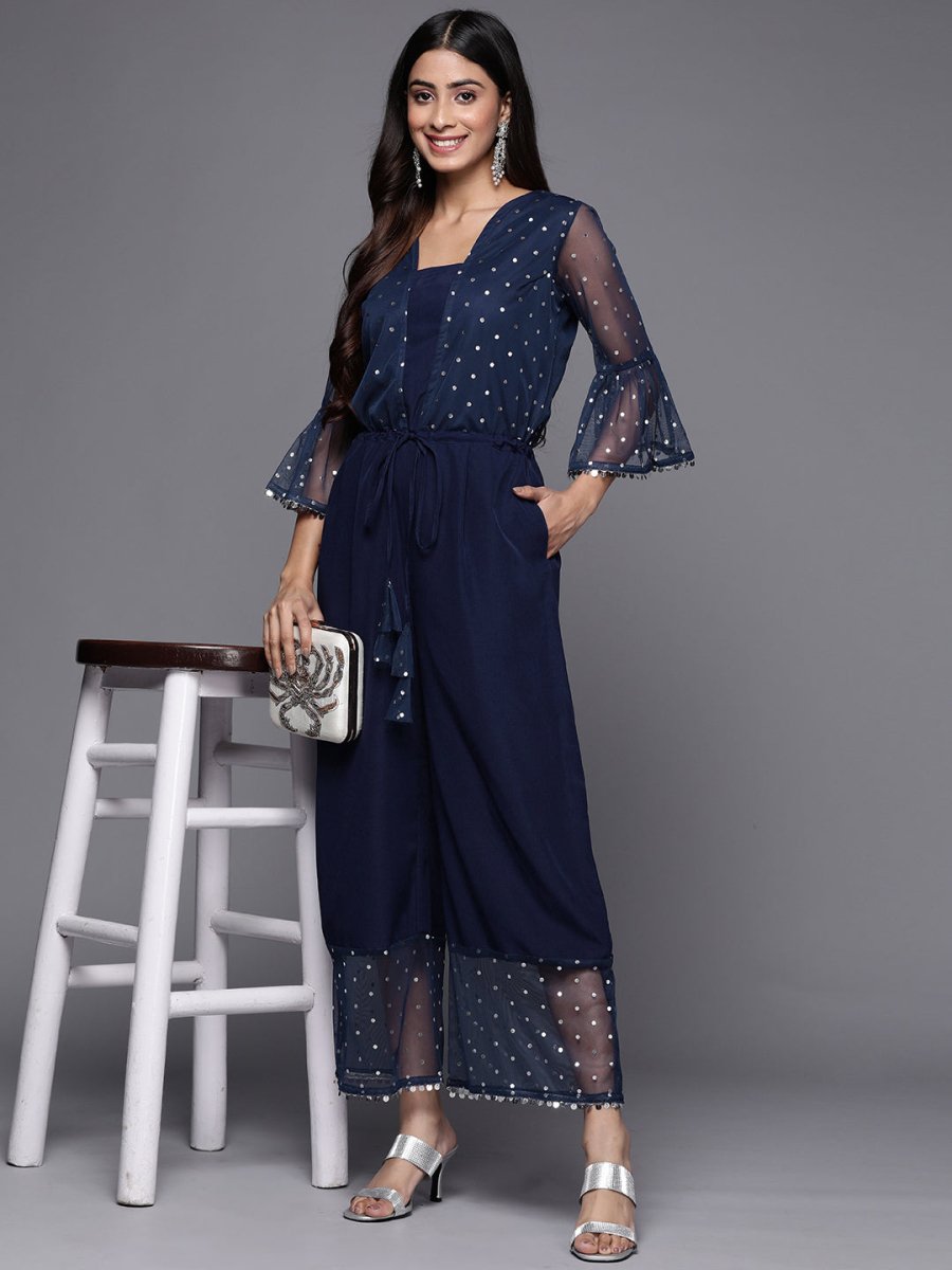 Ahalyaa Printed Bell Sleeves Crepe Basic Jumpsuit With Waist Tie-Ups | Grocsy