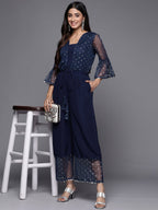 Ahalyaa Printed Bell Sleeves Crepe Basic Jumpsuit With Waist Tie-Ups | Grocsy