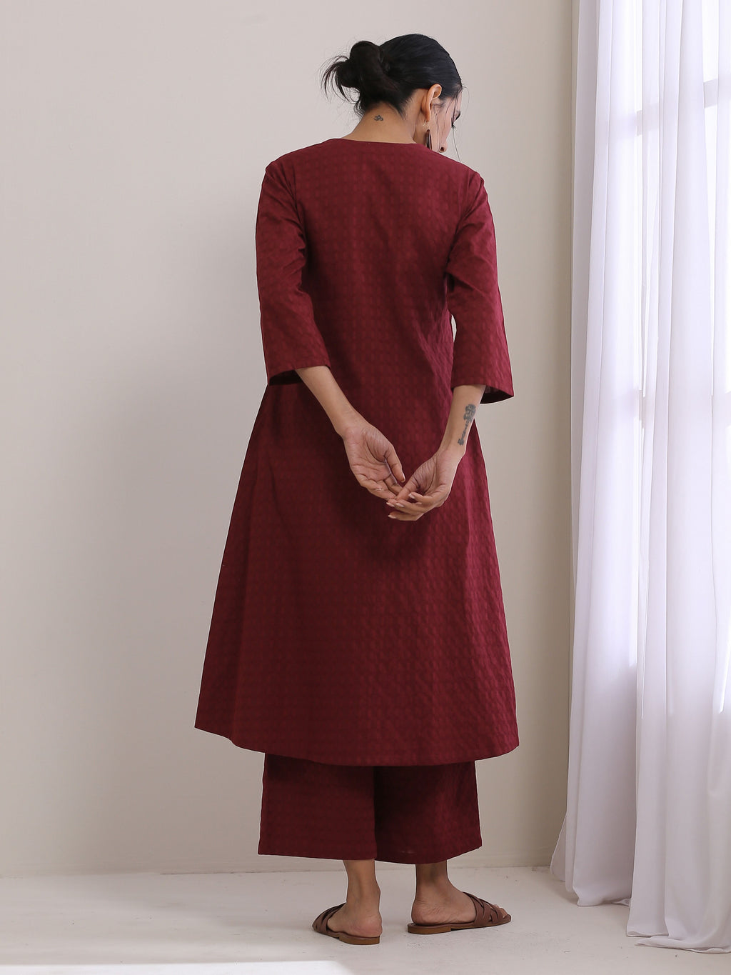 trueBrowns Ruby Wine Dobby Angrakha Pant Set | Grocsy