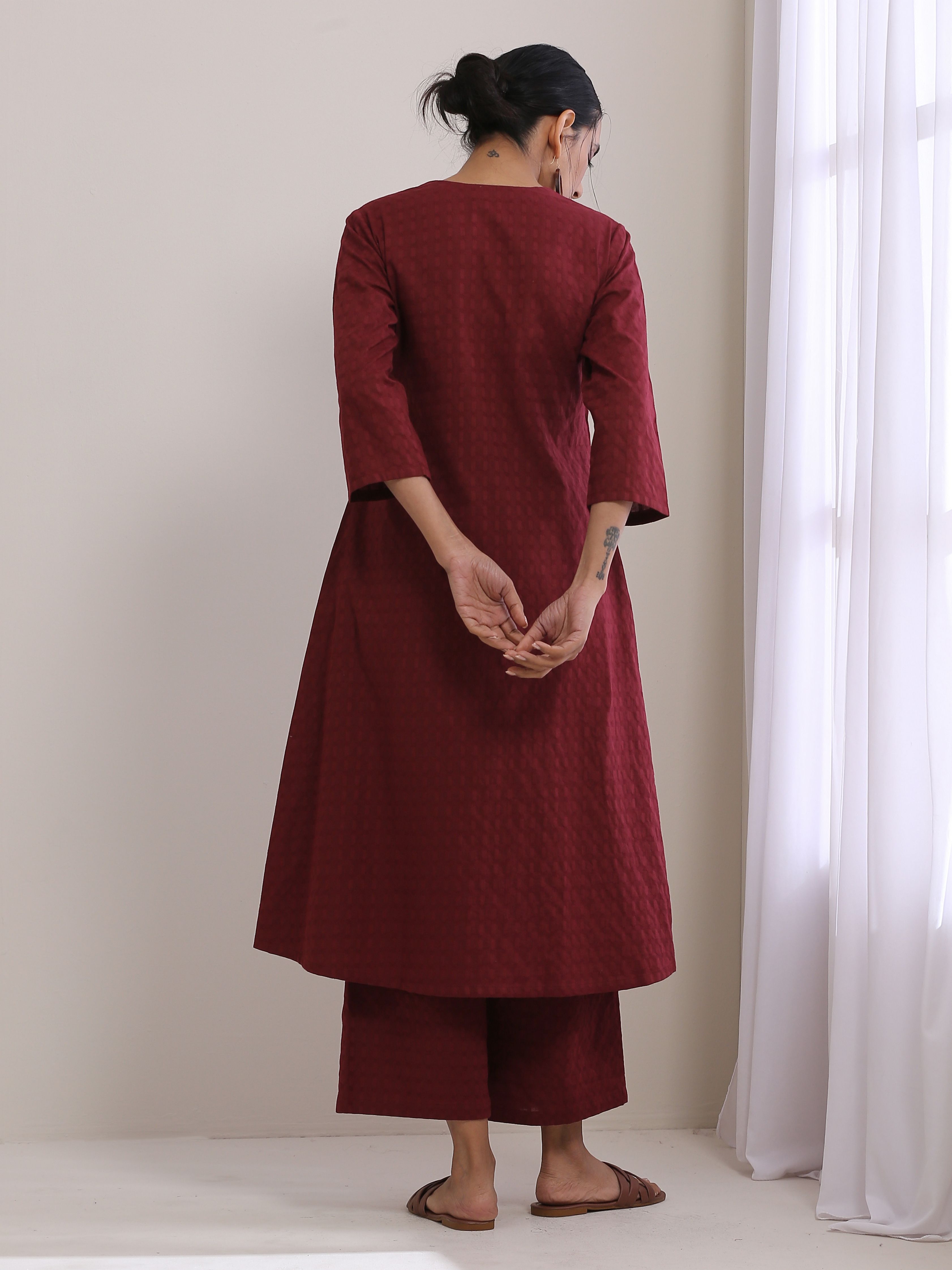 trueBrowns Ruby Wine Dobby Angrakha Pant Set | Grocsy