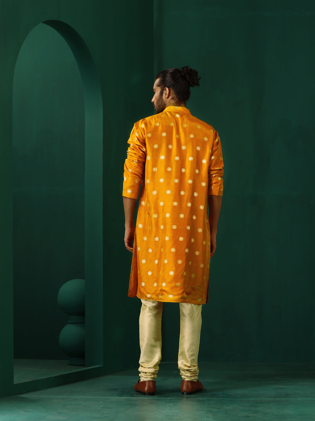 trueBrowns Men's Mustard Geometric Floral Viscose Silk Long Kurta | Grocsy